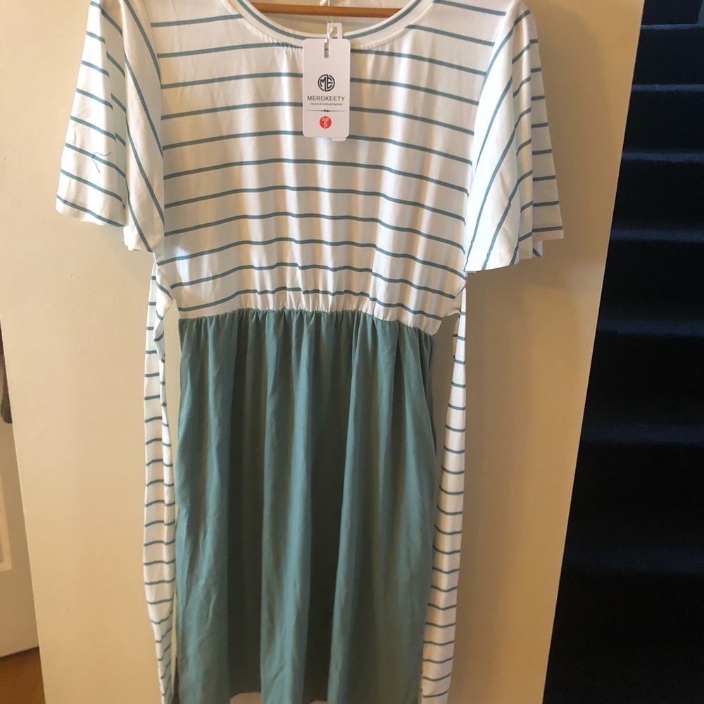 NWT Striped Ruffle Sleeves Tie Waist Pockets Casual Swing Midi Dress - Picture 3 of 5